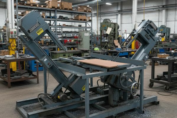 Industrial bandsaw machine on a factory workshop floor.
